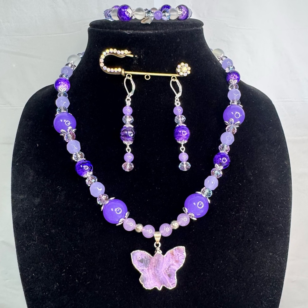 Lavender Jade & Amethyst Butterfly Set in Sterling Sliver & Crystal Moonstones